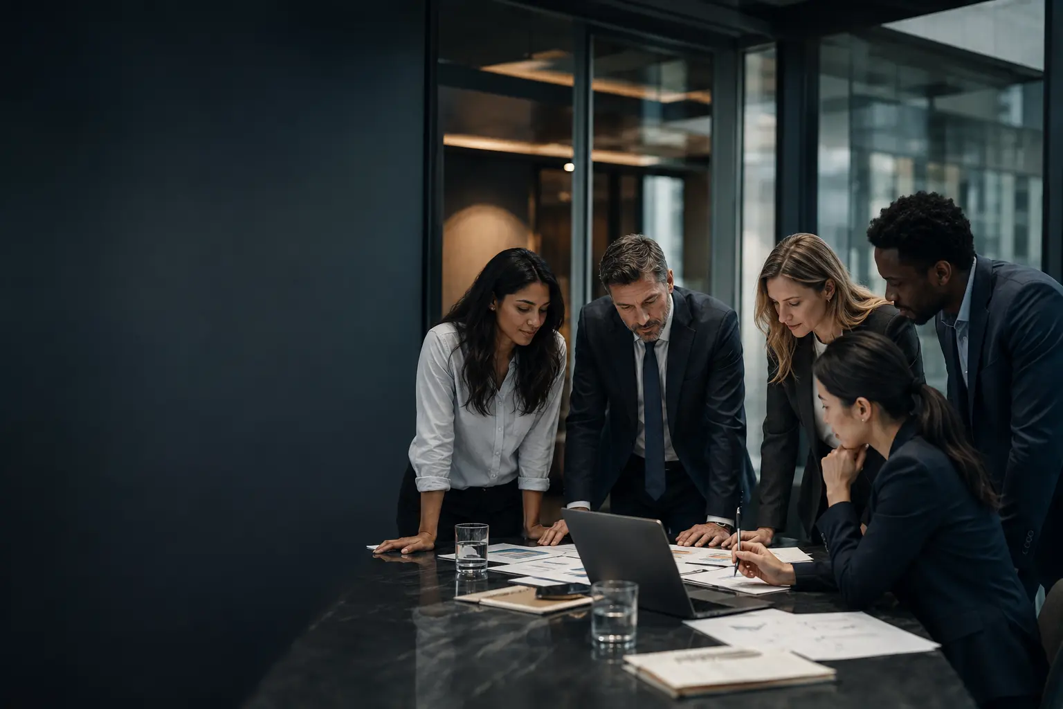 Business professionals reviewing financial materials in a conference room