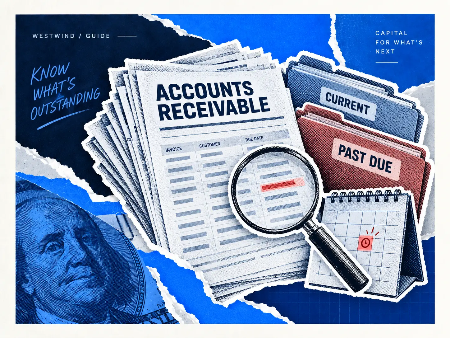 Customer invoices, a calendar and folders marked current and past due illustrate accounts receivable aging.