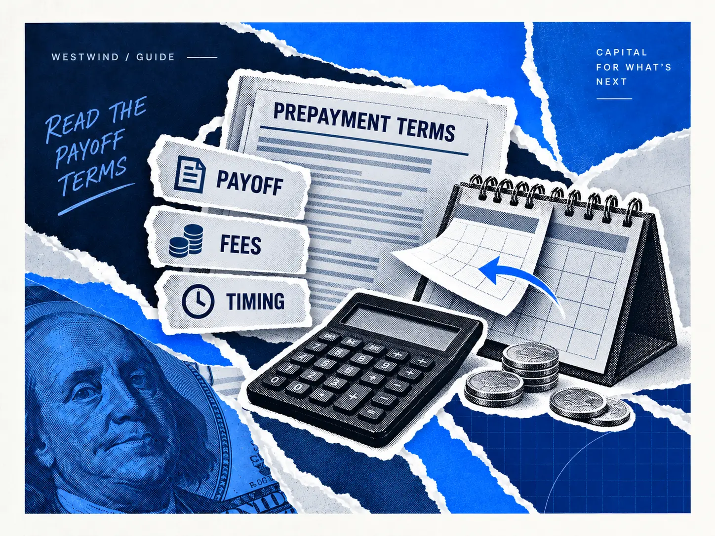 Prepayment terms document, calculator and calendar emphasizing payoff amounts, fees and timing.