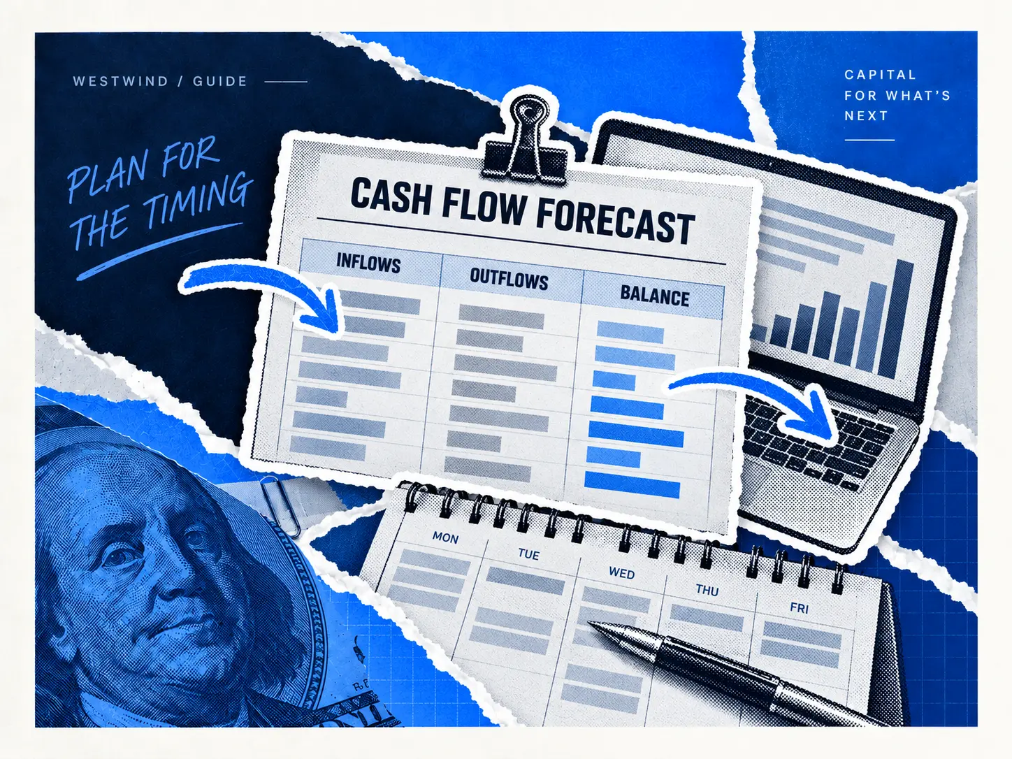 Cash flow forecast worksheet with inflows, outflows and balance columns beside a laptop and calendar.