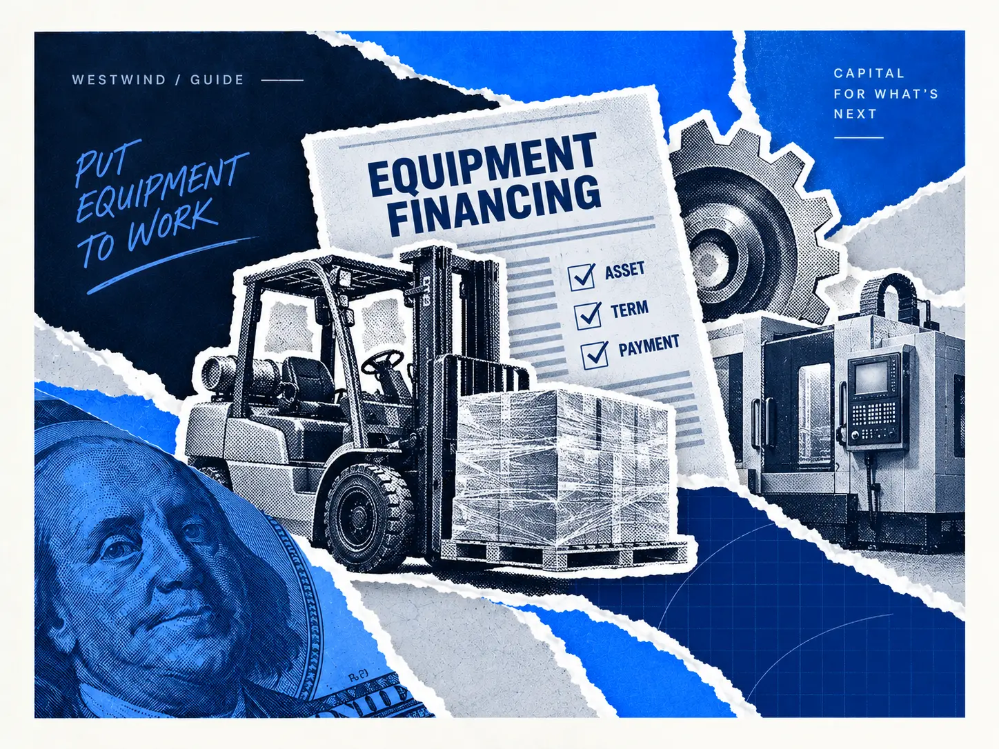 Blue collage of a forklift, industrial equipment and a financing agreement, with asset, term and payment considerations.