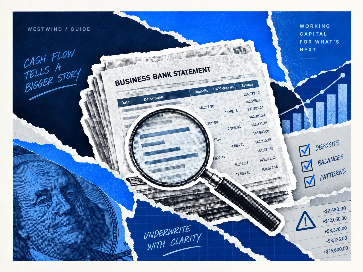 Magnifying glass over an illustrated business bank statement, highlighting deposits, balances and cash flow patterns.