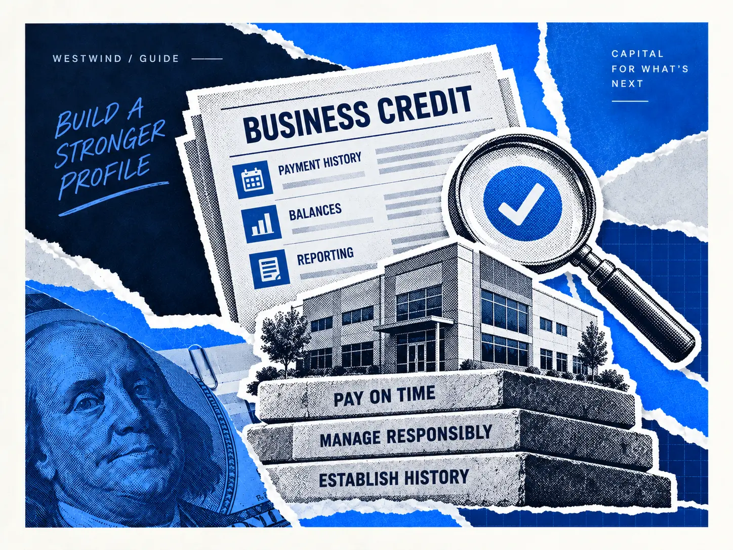 Business credit report highlighting payment history, balances and reporting beside a business and foundation blocks.