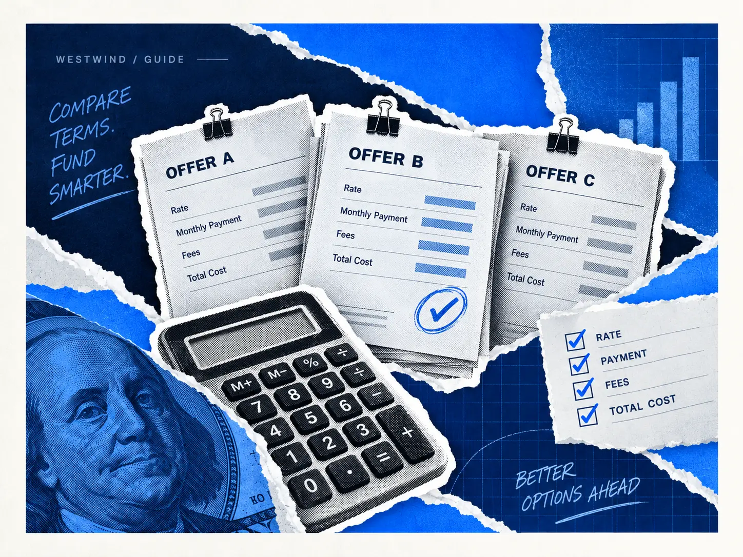 Three business financing offers compared by rate, monthly payment, fees and total cost.