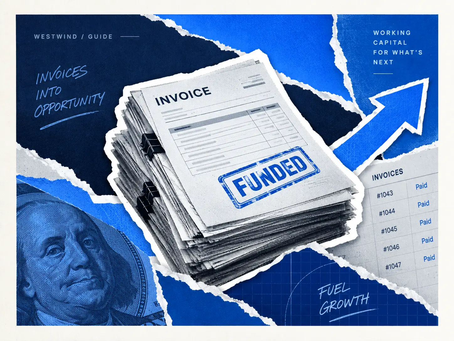 Illustrated invoices marked funded, showing invoice factoring as a way to turn receivables into working capital.