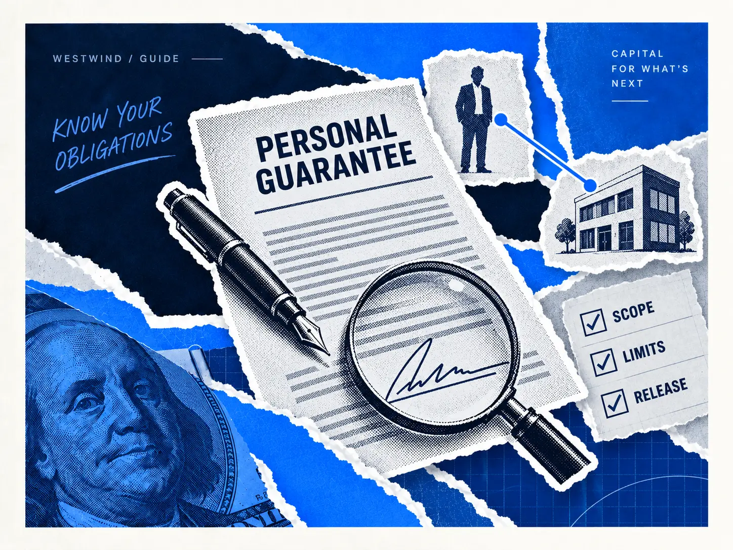 Personal guarantee contract, pen and magnifying glass, with scope, limits and release terms highlighted.