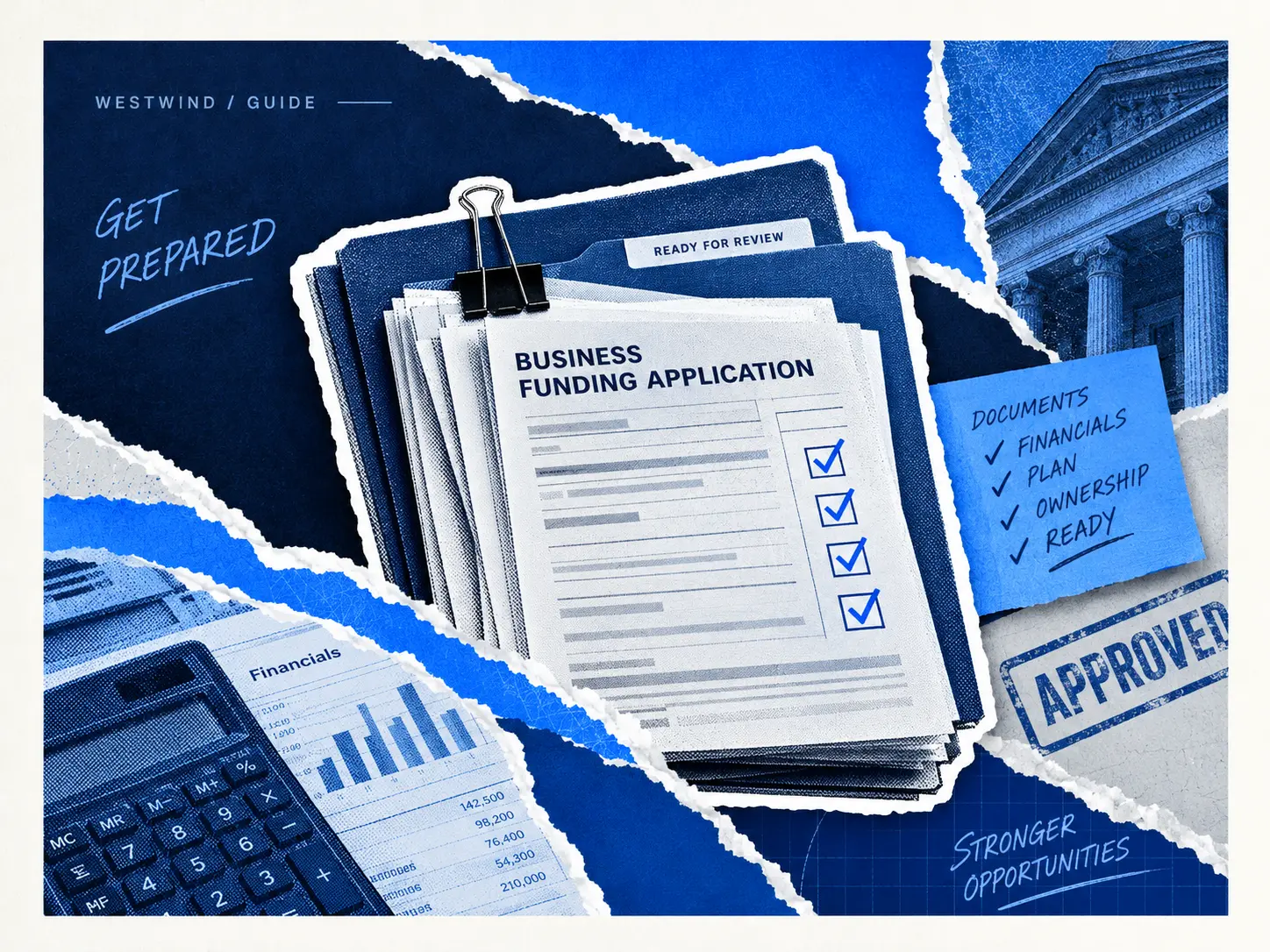Business funding application and organized financial documents prepared for lender review.