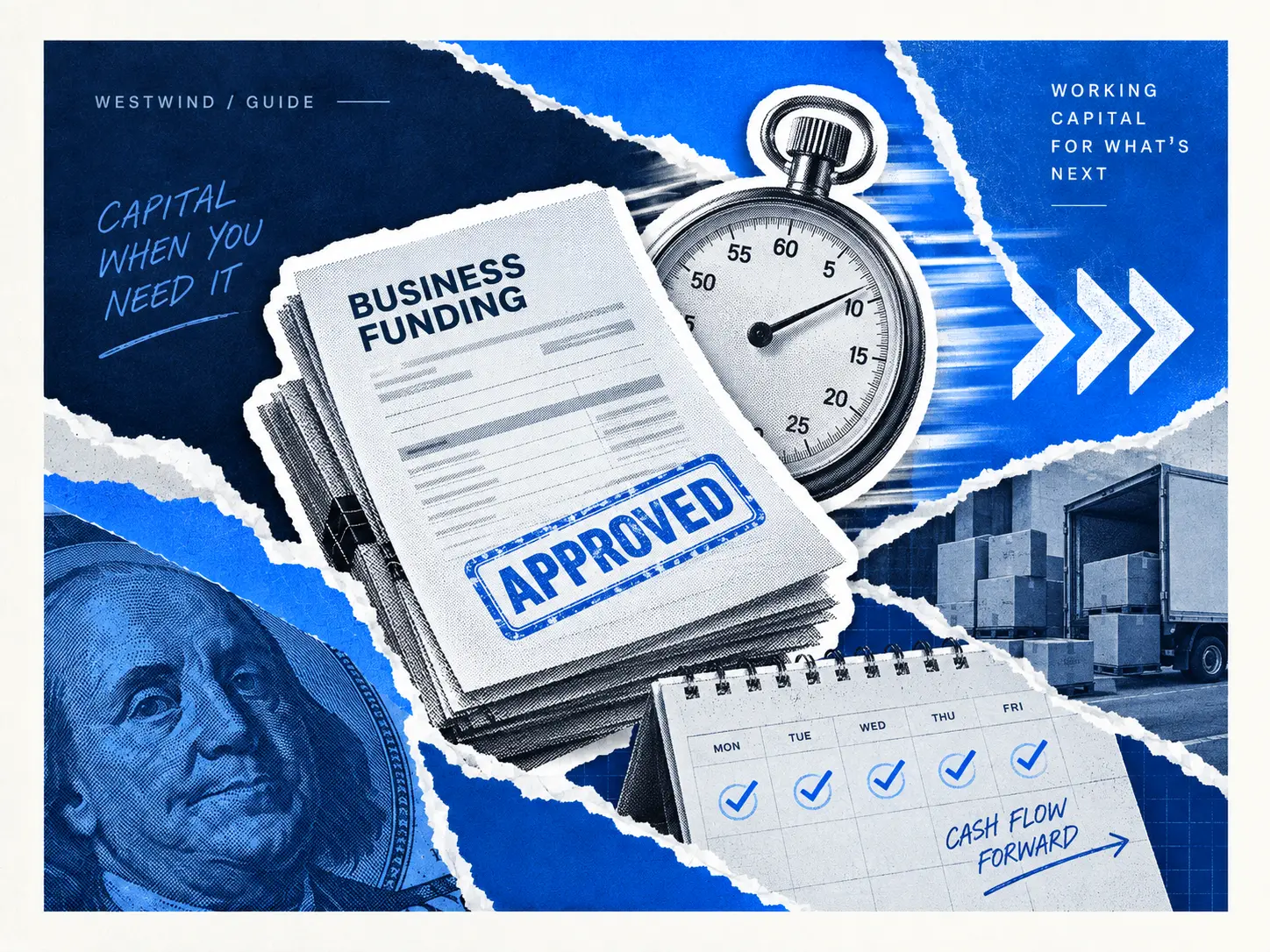 Short-term business funding illustration with application documents, a stopwatch, calendar and inventory shipment.