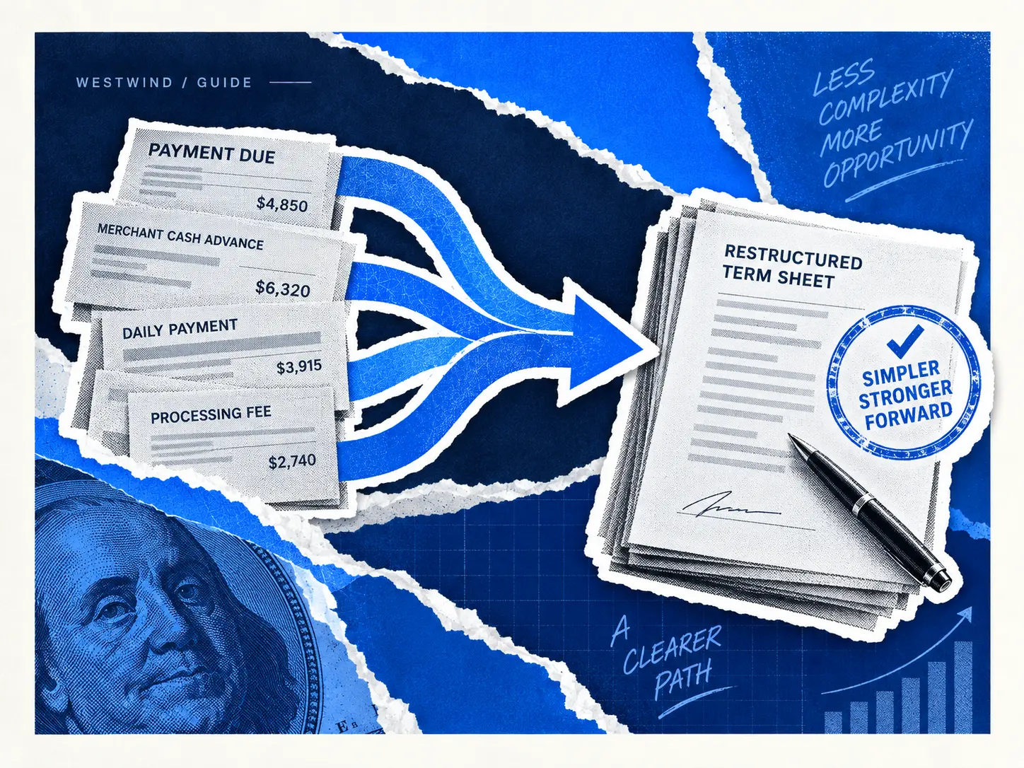 Illustration of several merchant cash advance payment obligations feeding into a restructured term sheet.