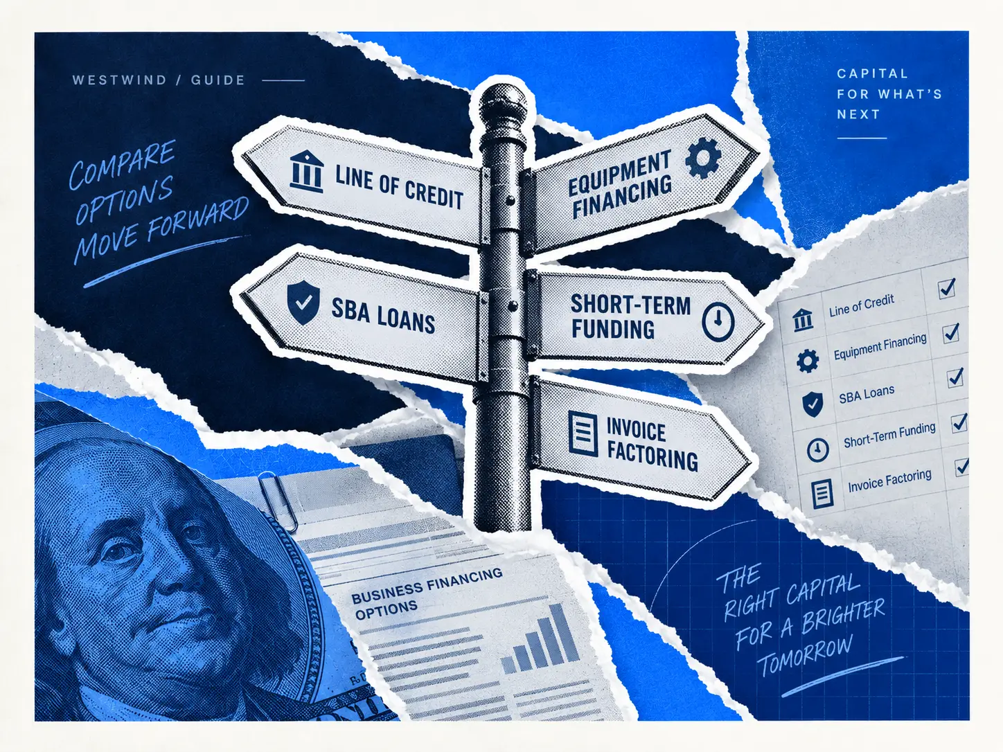 Signpost comparing a line of credit, equipment financing, SBA loans, short-term funding and invoice factoring.