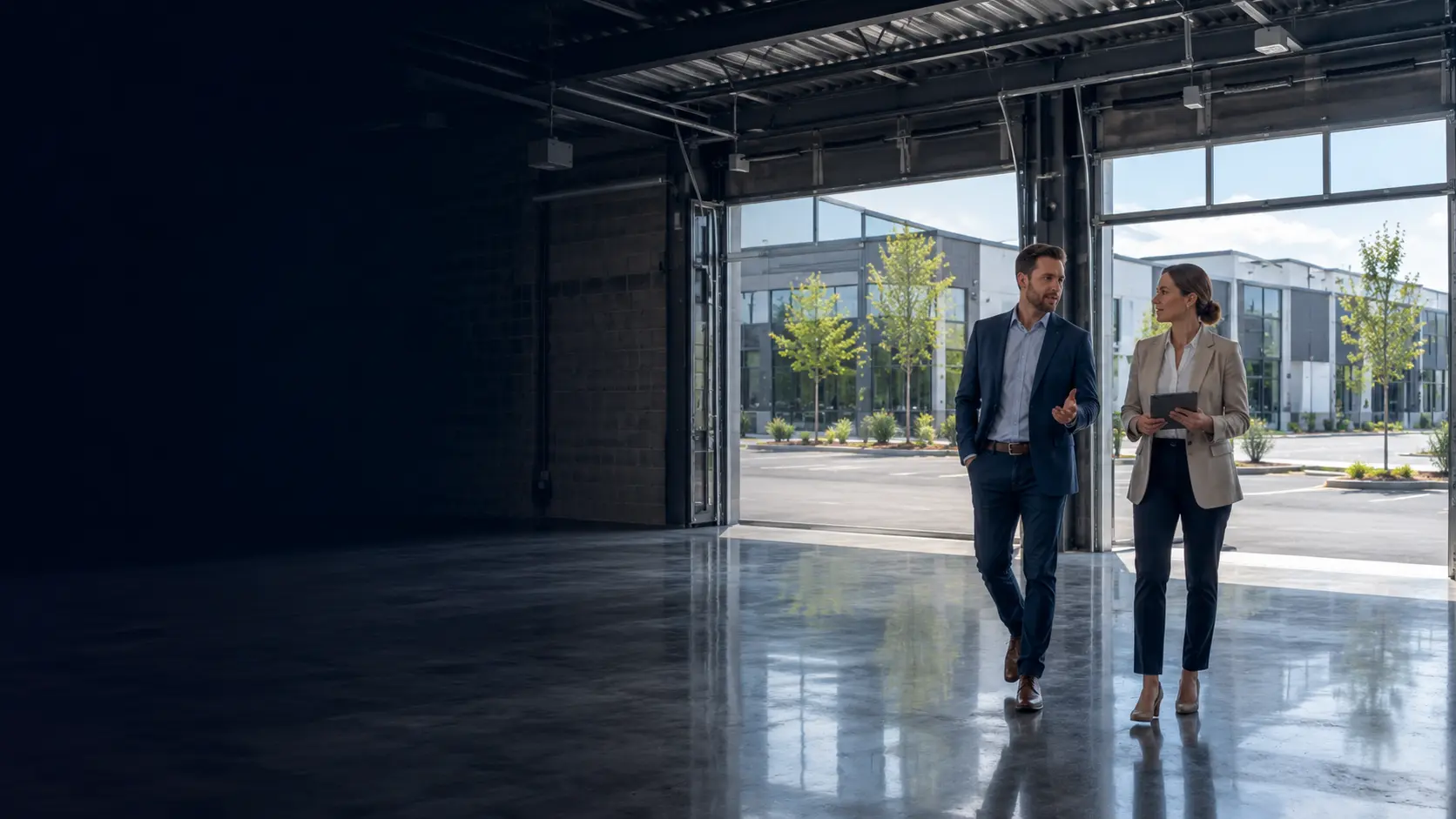 A business owner and advisor walking through a commercial property