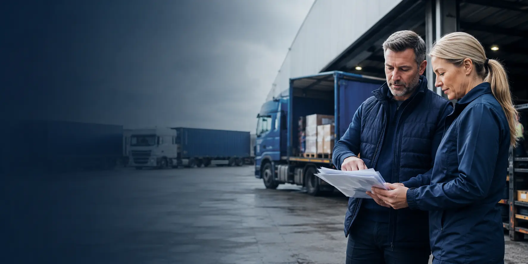 A logistics team reviewing shipment documents at an active loading facility