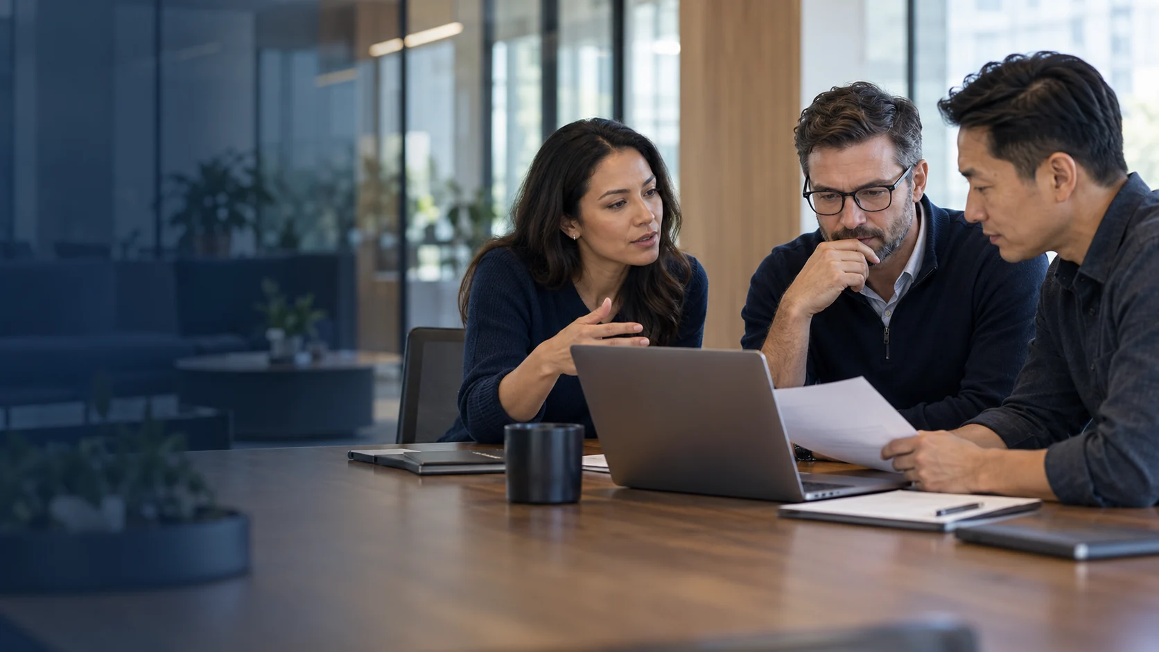 Business professionals reviewing a customer opportunity together in a contemporary office